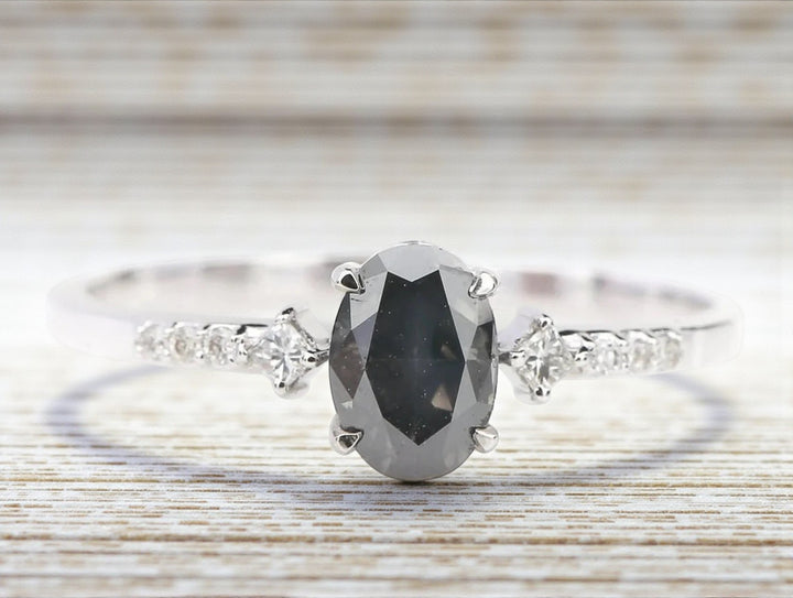 Salt and Pepper Diamond Ring, 14k Gold Engagement Ring, Natural Oval Gray Diamond Ring, Gift for Her