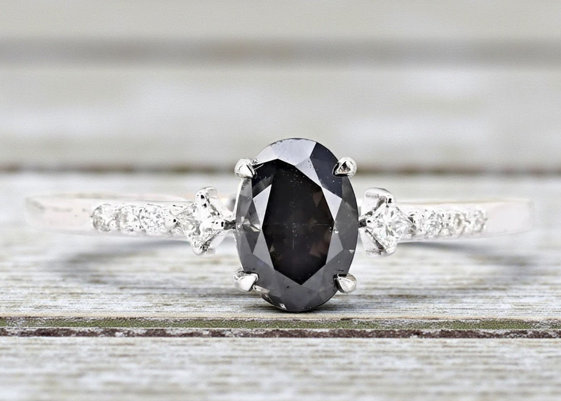 Salt and Pepper Diamond Ring, 14k Gold Engagement Ring, Natural Oval Gray Diamond Ring, Gift for Her
