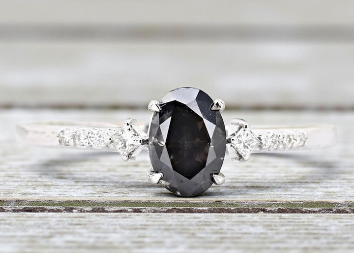Salt and Pepper Diamond Ring, 14k Gold Engagement Ring, Natural Oval Gray Diamond Ring, Gift for Her