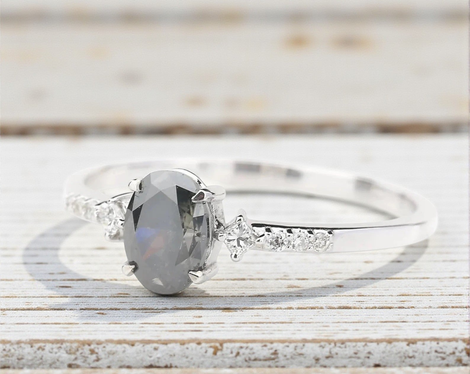 Salt and Pepper Diamond Ring, 14k Gold Engagement Ring, Natural Oval Gray Diamond Ring, Gift for Her