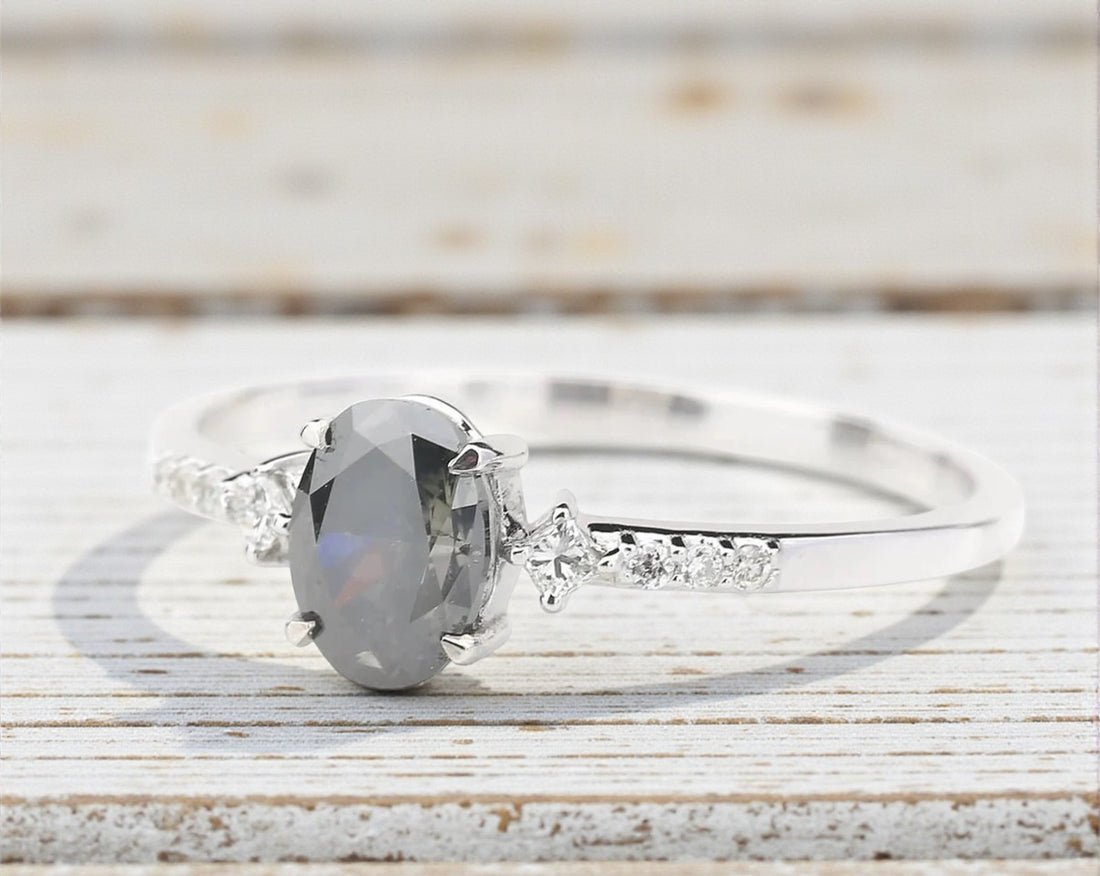 Salt and Pepper Diamond Ring, 14k Gold Engagement Ring, Natural Oval Gray Diamond Ring, Gift for Her