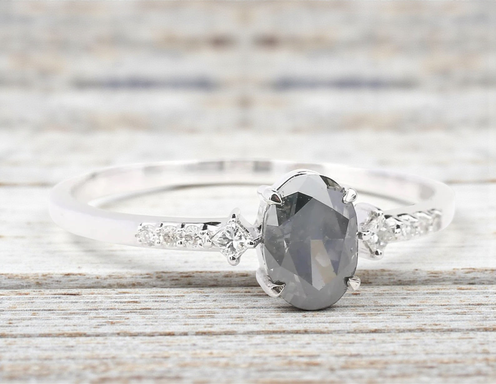 Salt and Pepper Diamond Ring, 14k Gold Engagement Ring, Natural Oval Gray Diamond Ring, Gift for Her
