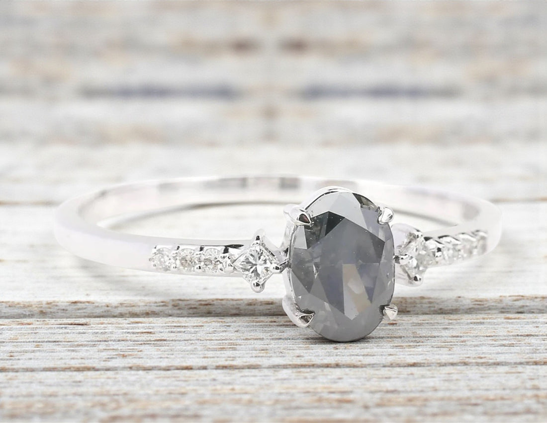 Salt and Pepper Diamond Ring, 14k Gold Engagement Ring, Natural Oval Gray Diamond Ring, Gift for Her