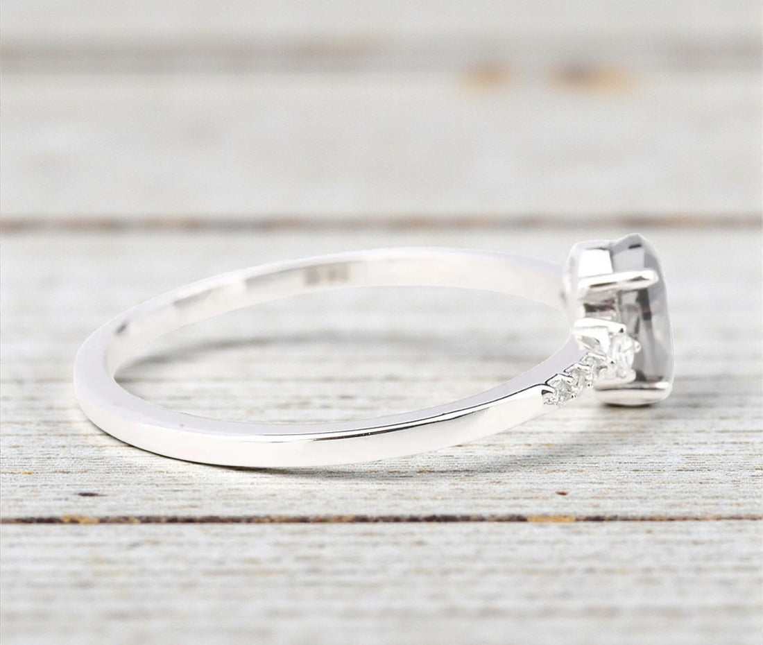 Salt and Pepper Diamond Ring, 14k Gold Engagement Ring, Natural Oval Gray Diamond Ring, Gift for Her