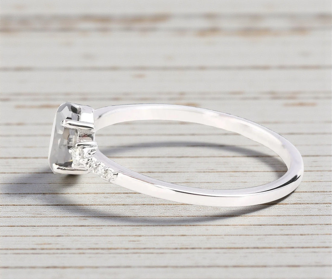 Salt and Pepper Diamond Ring, 14k Gold Engagement Ring, Natural Oval Gray Diamond Ring, Gift for Her