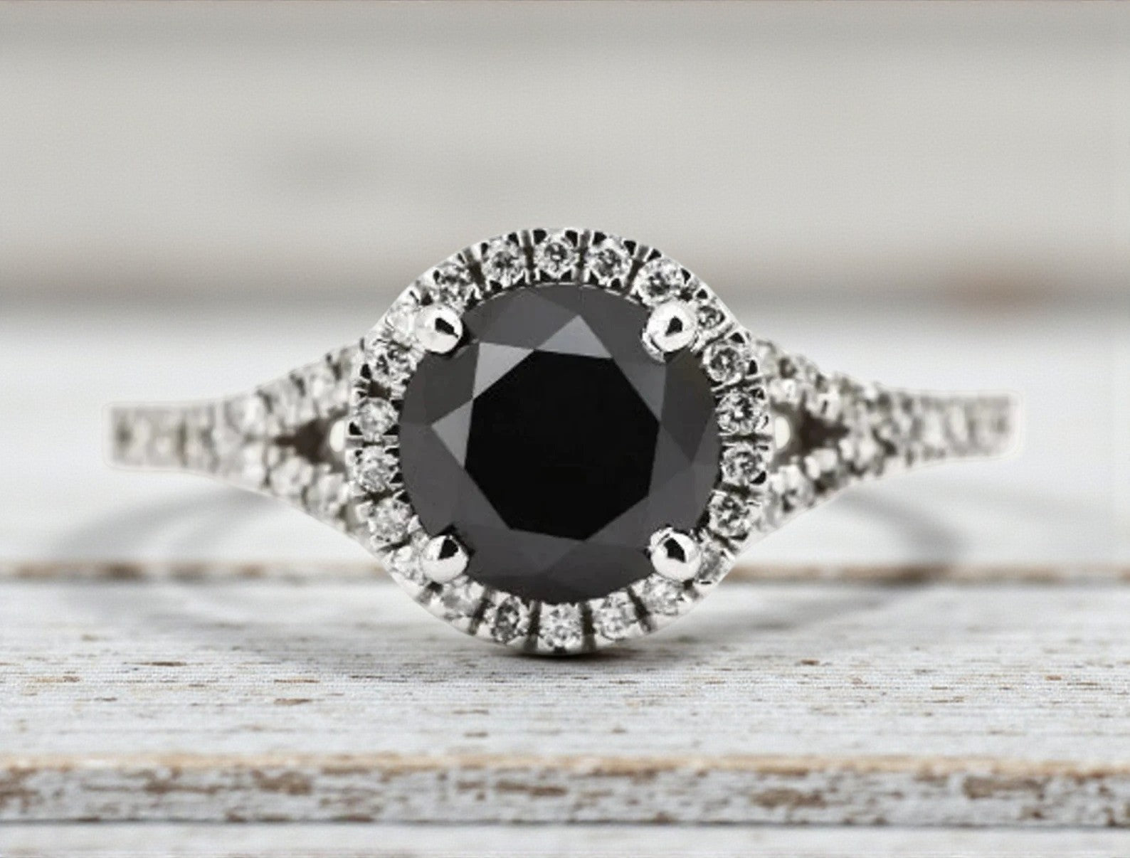 Black Diamond Ring, 14K Gold Engagement Ring, Natural Round Diamond Halo Ring, Gift for Her