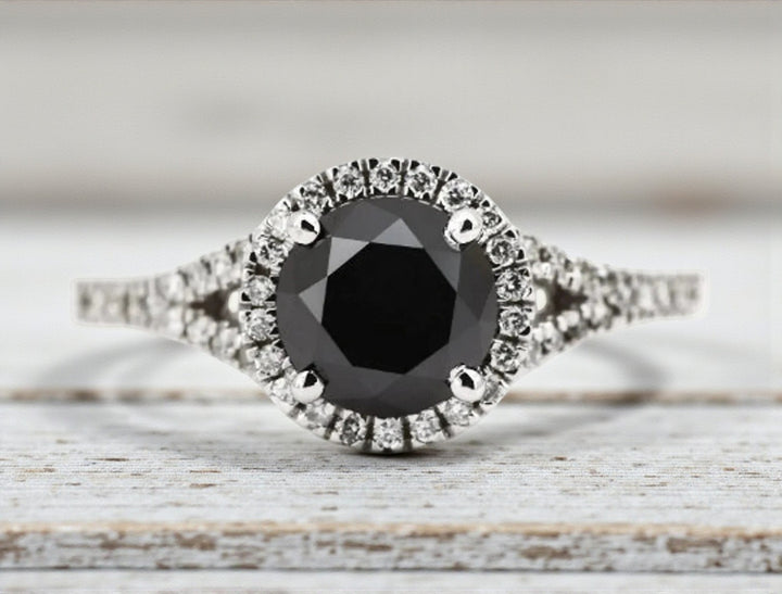 Black Diamond Ring, 14K Gold Engagement Ring, Natural Round Diamond Halo Ring, Gift for Her