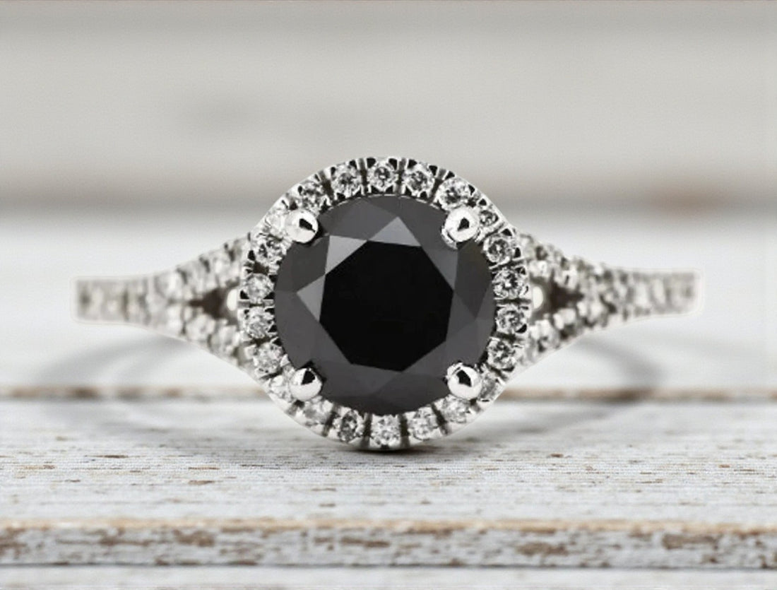 Black Diamond Ring, 14K Gold Engagement Ring, Natural Round Diamond Halo Ring, Gift for Her