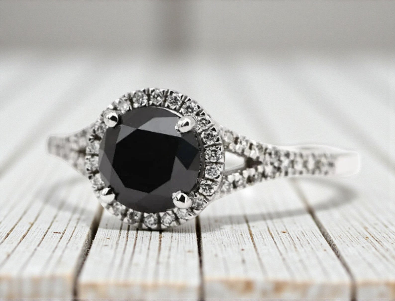 Black Diamond Ring, 14K Gold Engagement Ring, Natural Round Diamond Halo Ring, Gift for Her