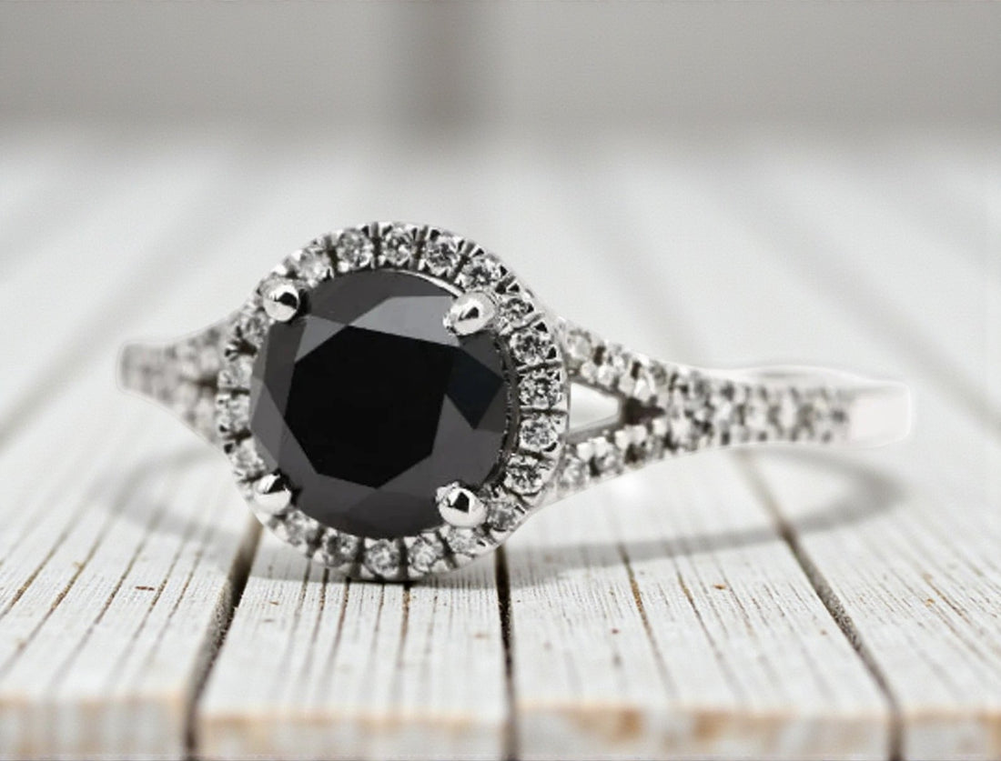 Black Diamond Ring, 14K Gold Engagement Ring, Natural Round Diamond Halo Ring, Gift for Her