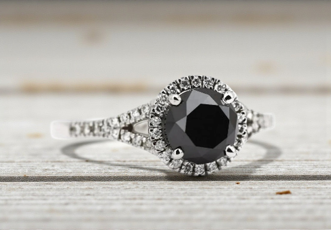 Black Diamond Ring, 14K Gold Engagement Ring, Natural Round Diamond Halo Ring, Gift for Her