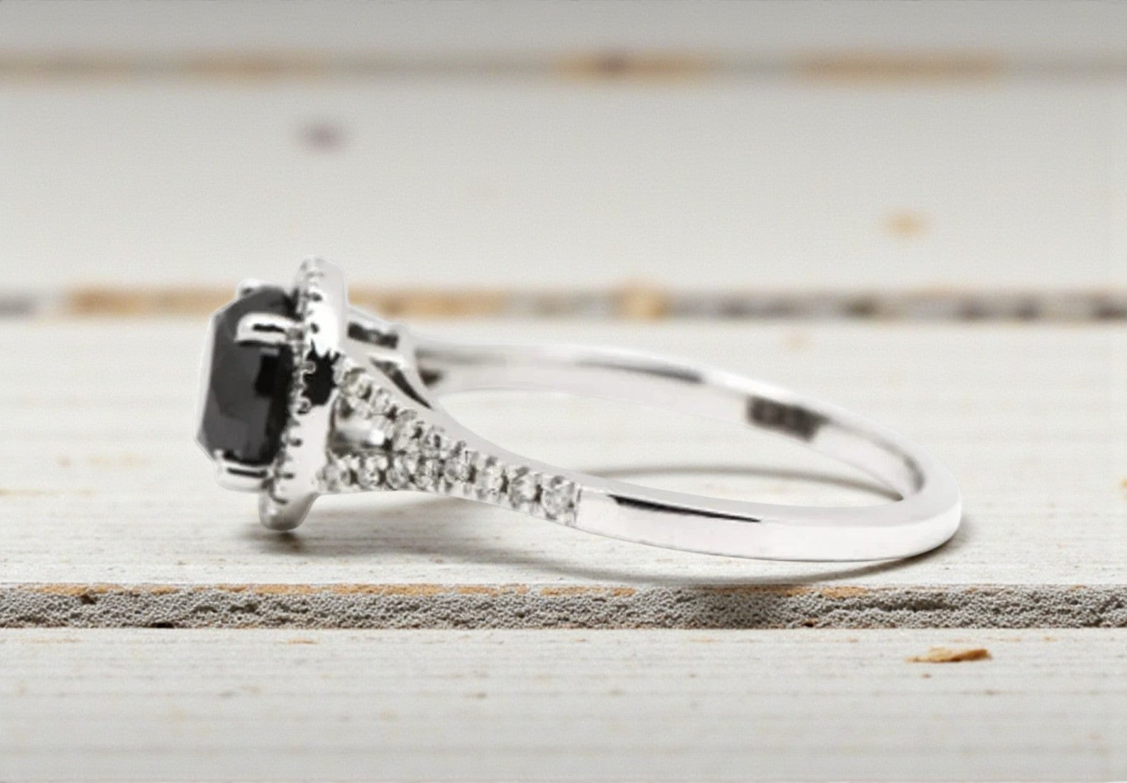Black Diamond Ring, 14K Gold Engagement Ring, Natural Round Diamond Halo Ring, Gift for Her