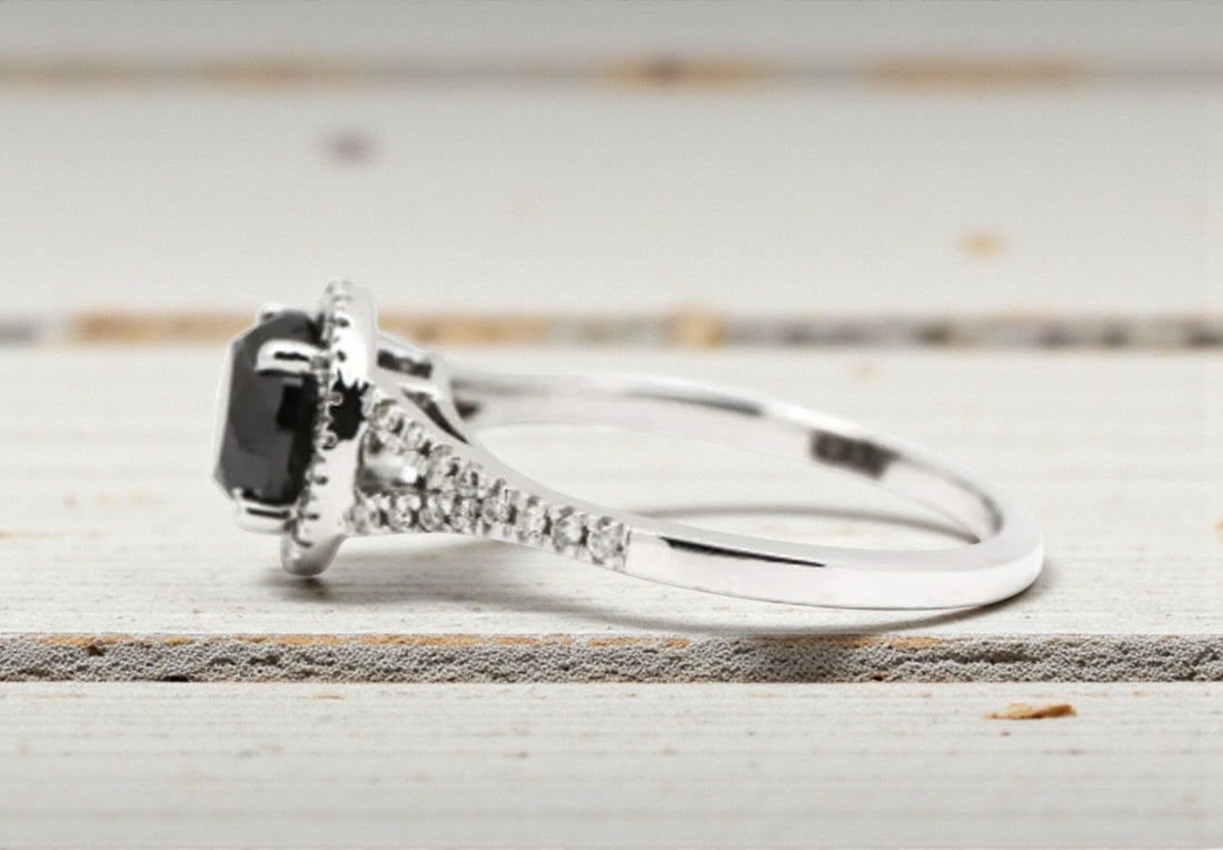 Black Diamond Ring, 14K Gold Engagement Ring, Natural Round Diamond Halo Ring, Gift for Her