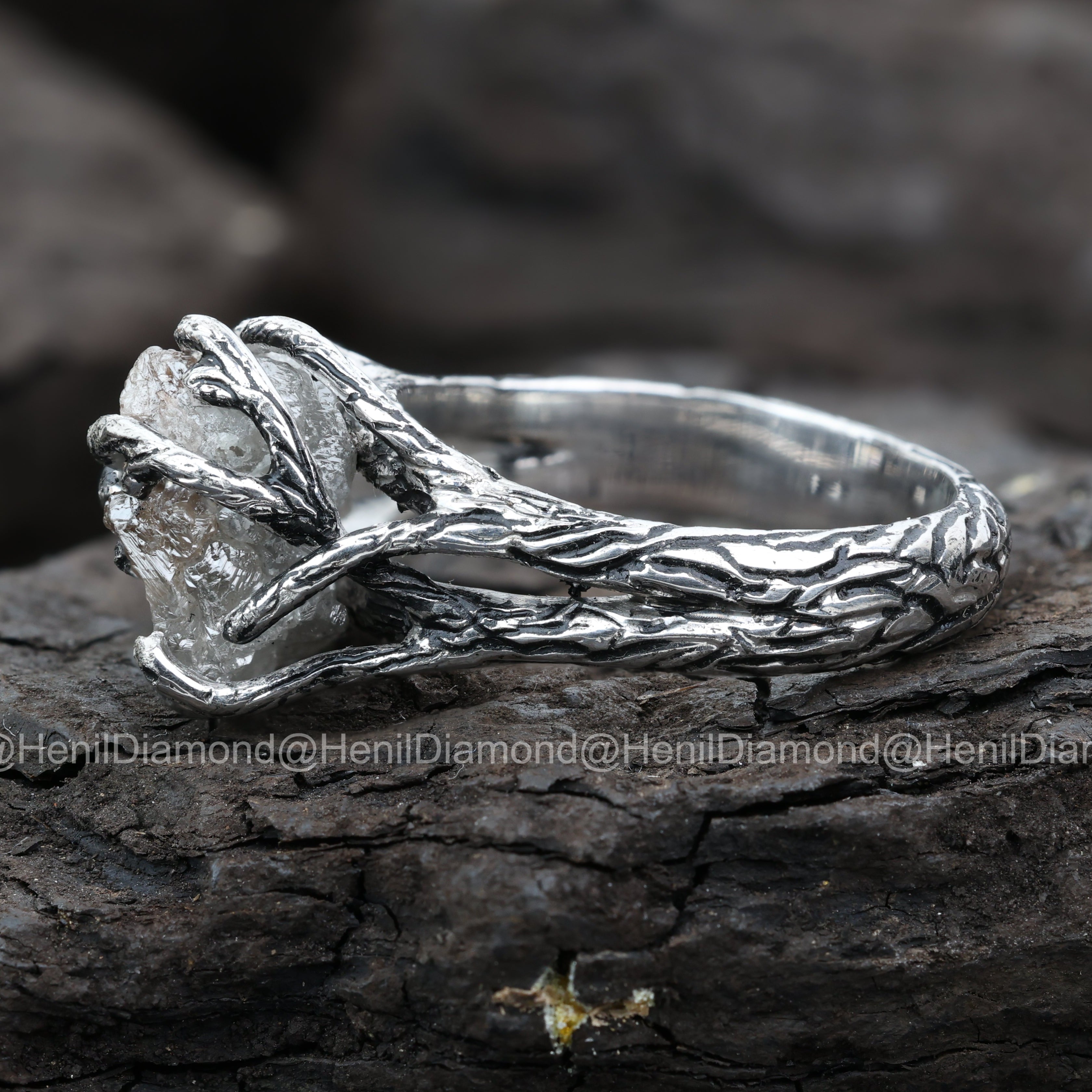 Raw Diamond Ring, 5.60 Ct Natural Black Rough Diamond 14k Gold Engagement Ring, Unique Gift for Her