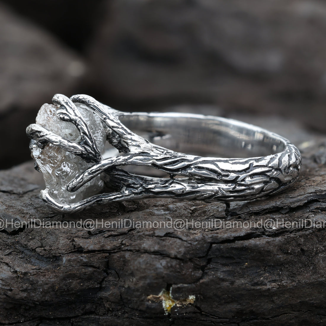 Raw Diamond Ring, 5.60 Ct Natural Black Rough Diamond 14k Gold Engagement Ring, Unique Gift for Her