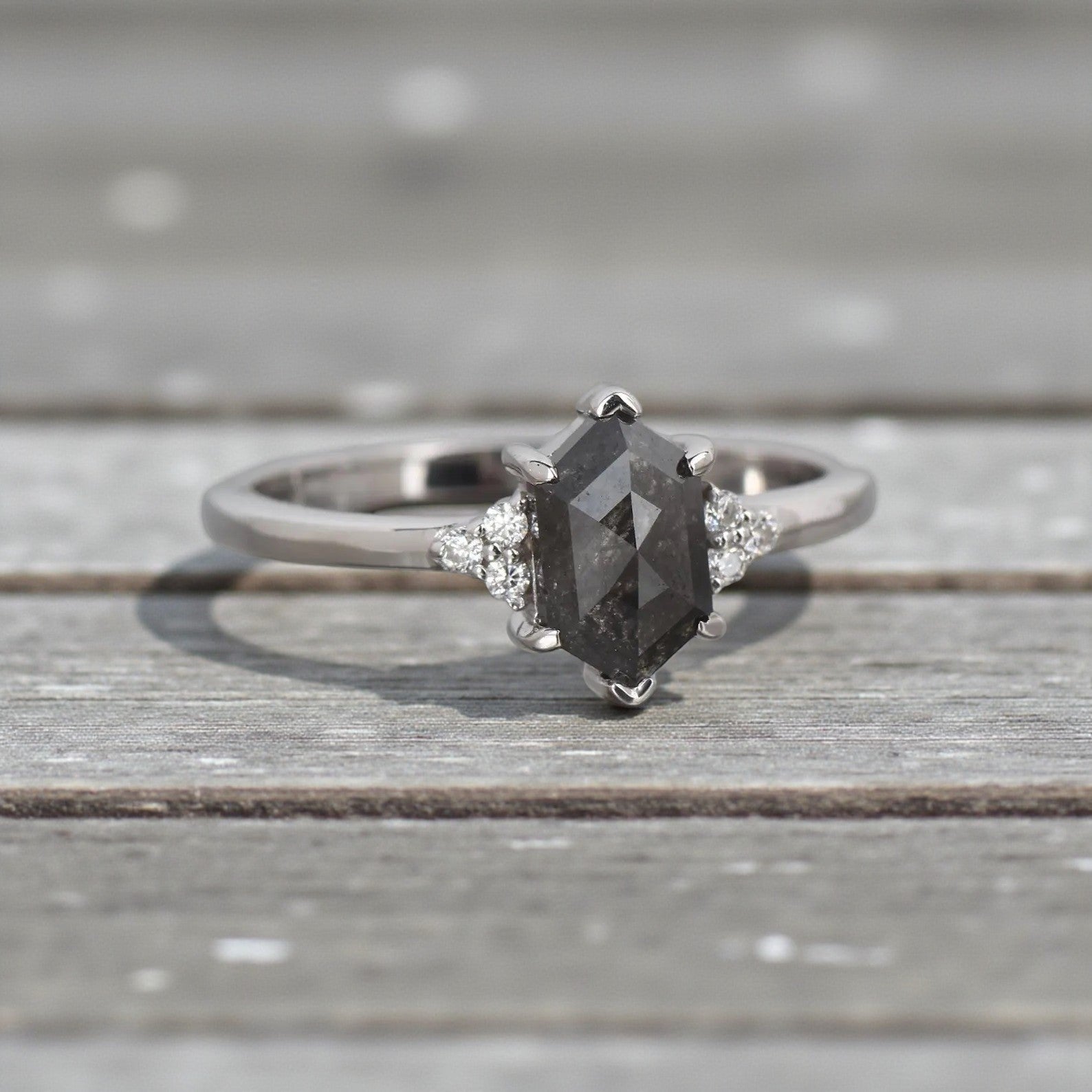 Salt and Pepper Diamond Ring, 14K Gold Engagement Ring, Natural Gray Hexagon Diamond Ring, Gift for Women