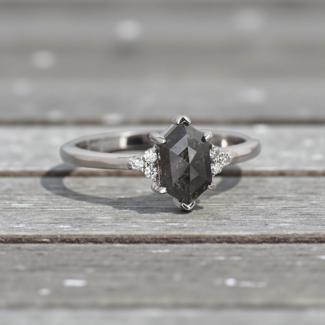 Salt and Pepper Diamond Ring, 14K Gold Engagement Ring, Natural Gray Hexagon Diamond Ring, Gift for Women