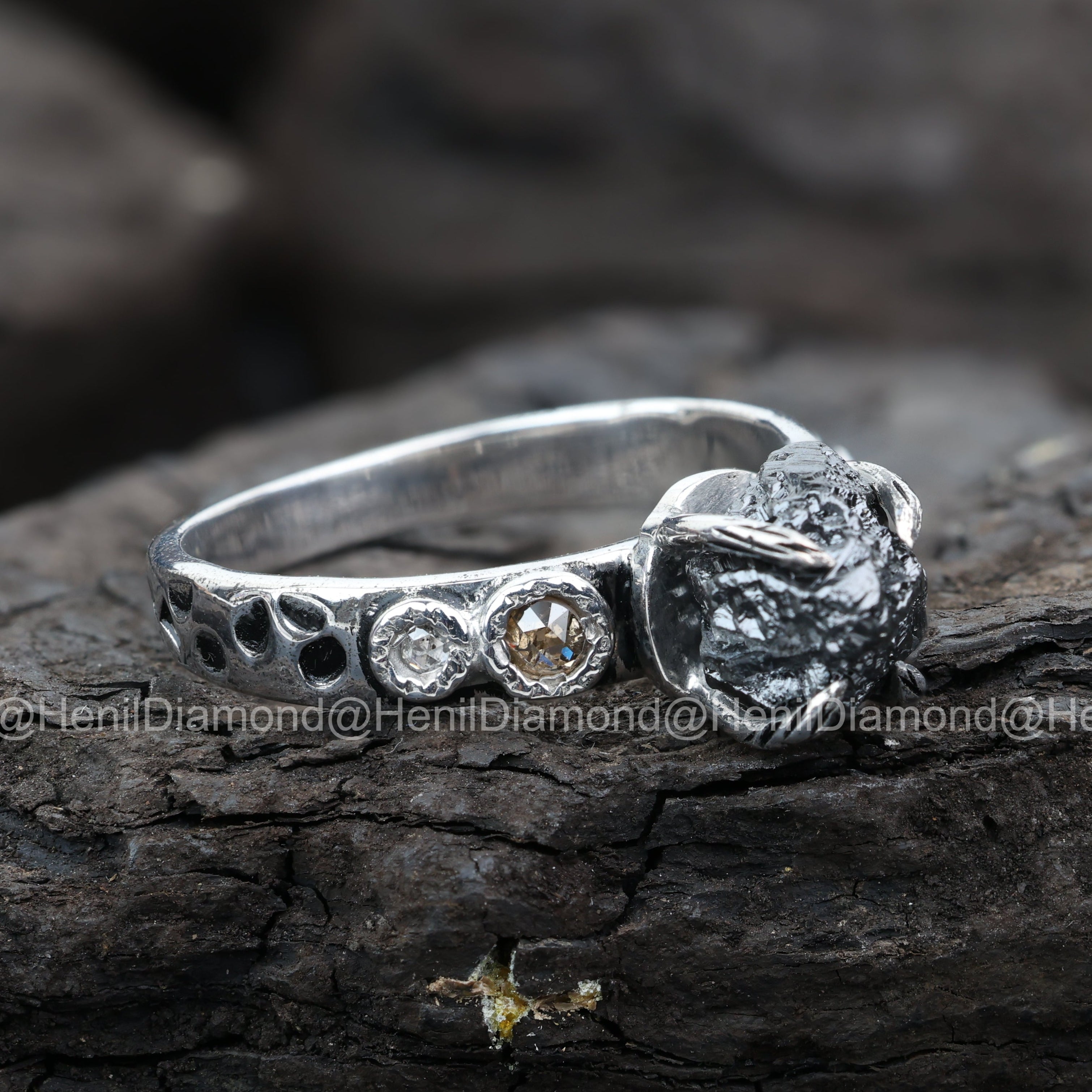 Raw Diamond Ring, 3.75 Ct Natural Black Rough Diamond 14k Gold Engagement Ring, Unique Gift for Her