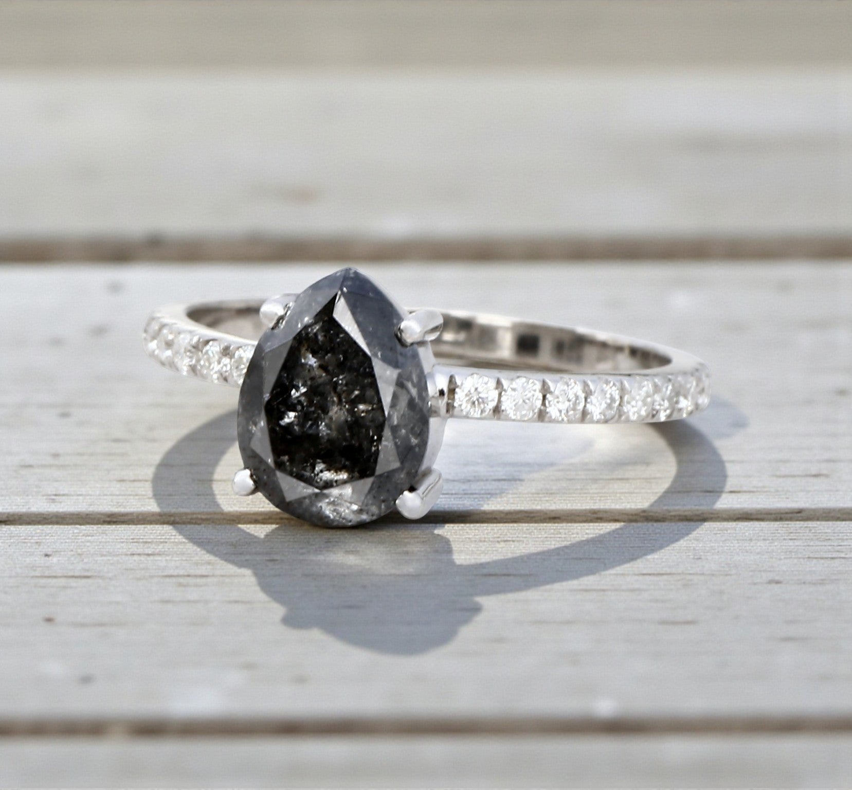 Salt and Pepper Diamond Ring, 14K Gold Engagement Ring, Natural Gray Pear Diamond Ring, Unique Gift for Her